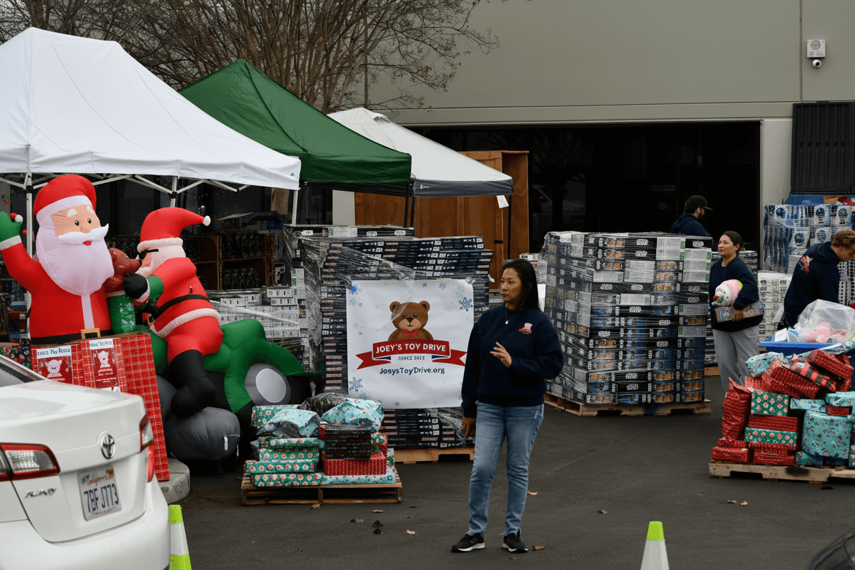 Joey's Toy Drive distribution showing pallets of wrapped gifts and volunteers