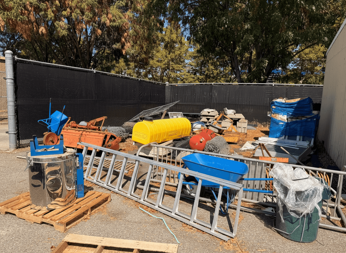 Facilities yard before cleanup — cluttered with steel, aluminum, concrete, wood