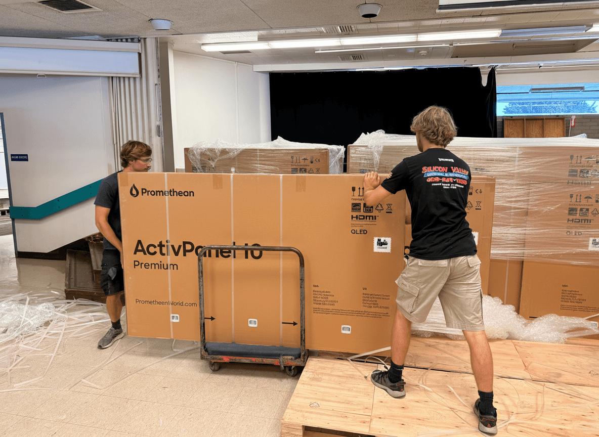 SVM crew carefully handling large Promethean ActivPanel electronic displays