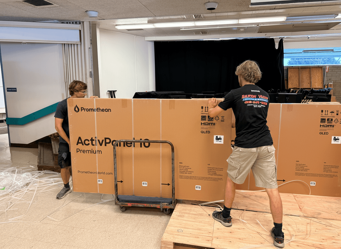Technology relocation crew with specialized handling equipment